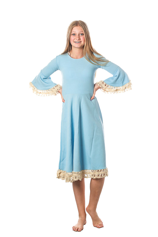 Tween Crochet-Trimmed Dress - Blue