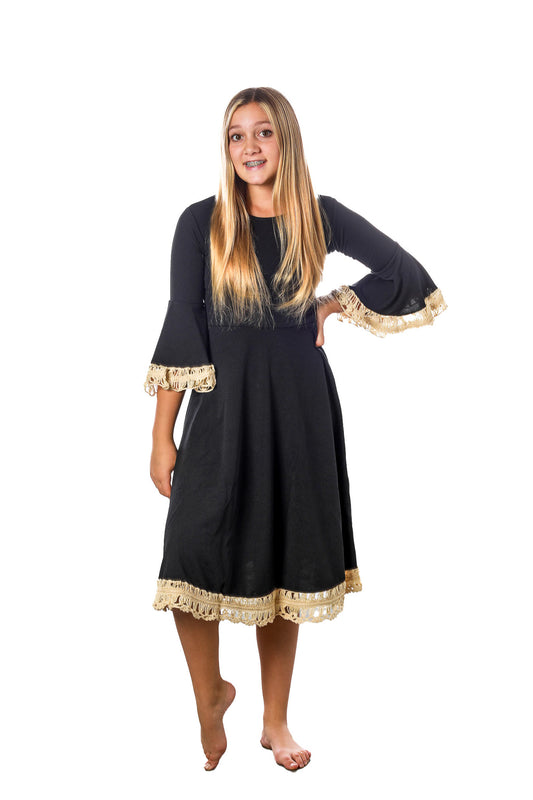Tween Crochet-Trimmed Dress - Black